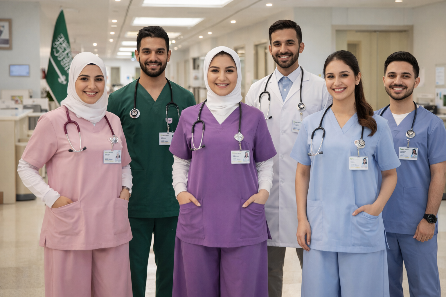 فريق طبي داخل مستشفى سعودي بزي موحد متعدد الألوان