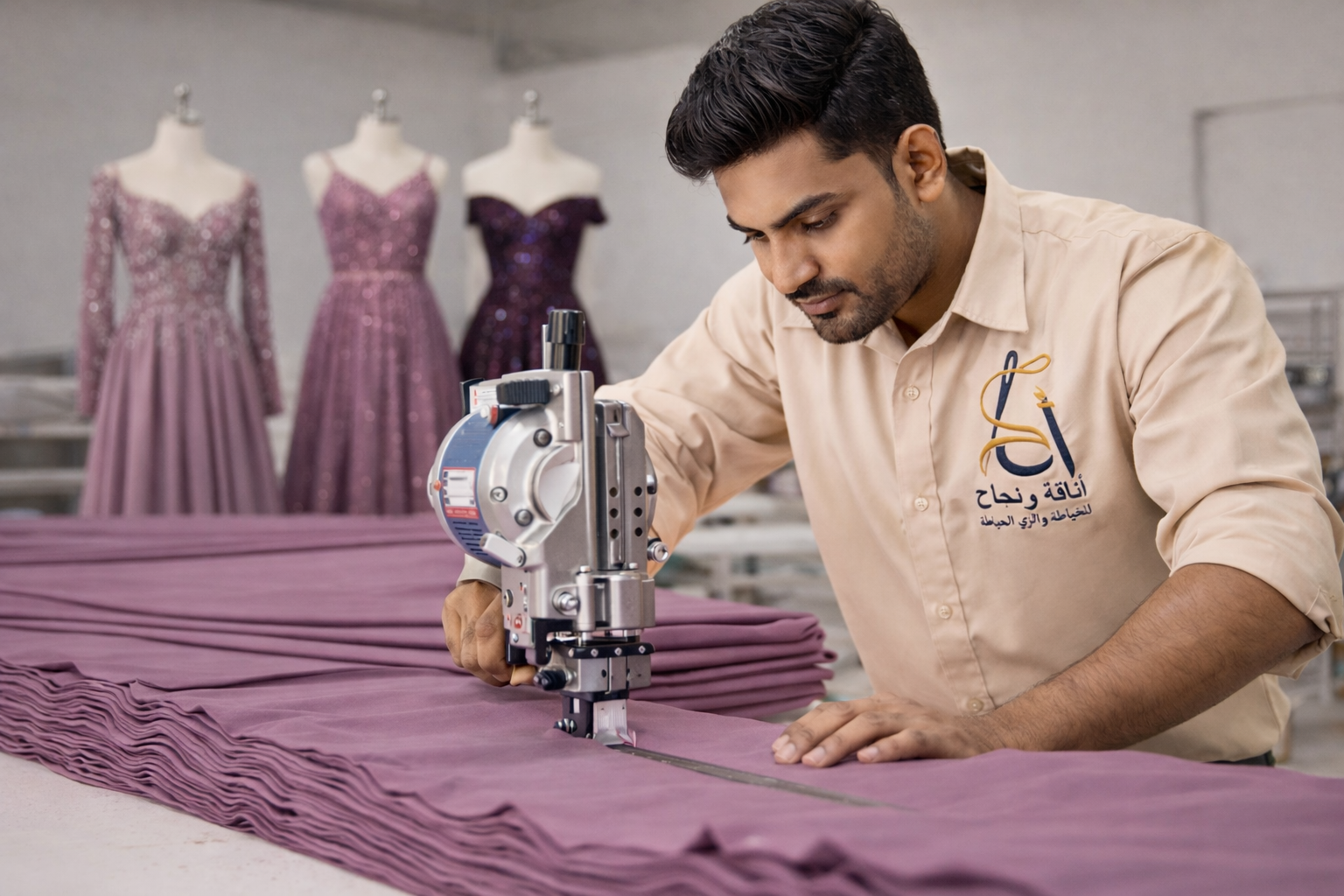خياط يعمل أمام مانيكات عليها فساتين سهرة